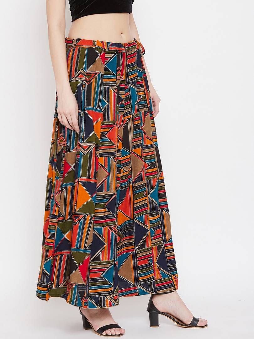 Women Blue & Orange Printed Flared Maxi Skirt