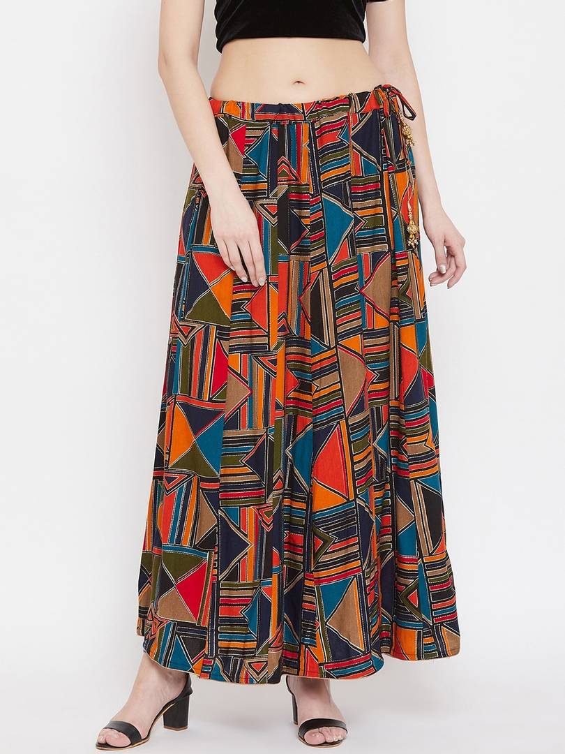 Women Blue & Orange Printed Flared Maxi Skirt