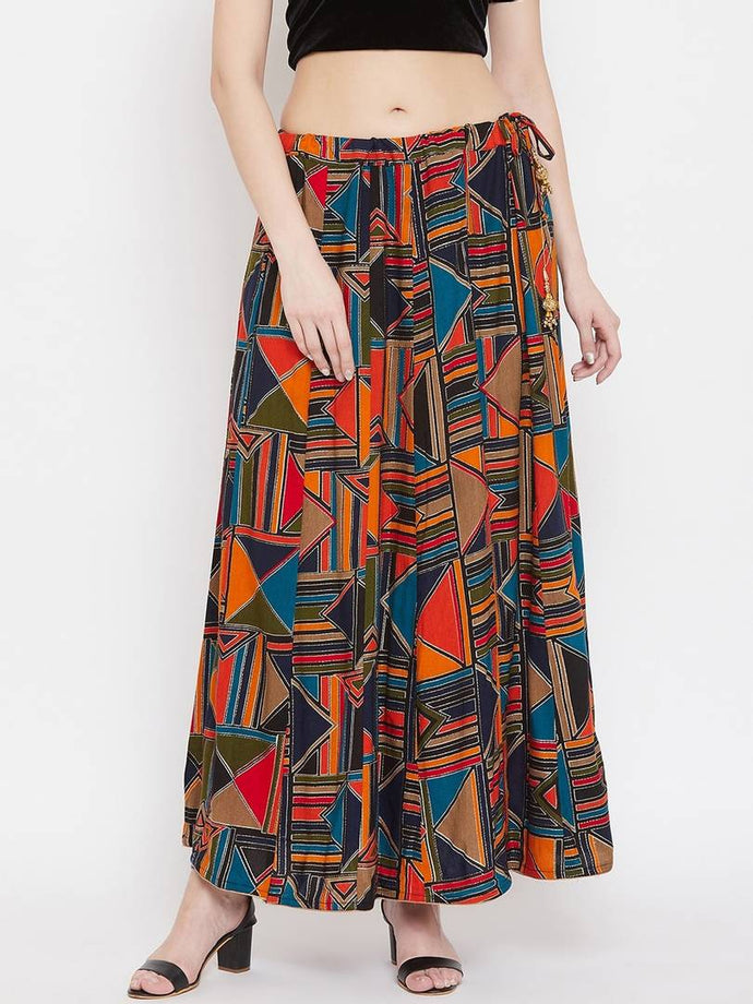 Women Blue & Orange Printed Flared Maxi Skirt