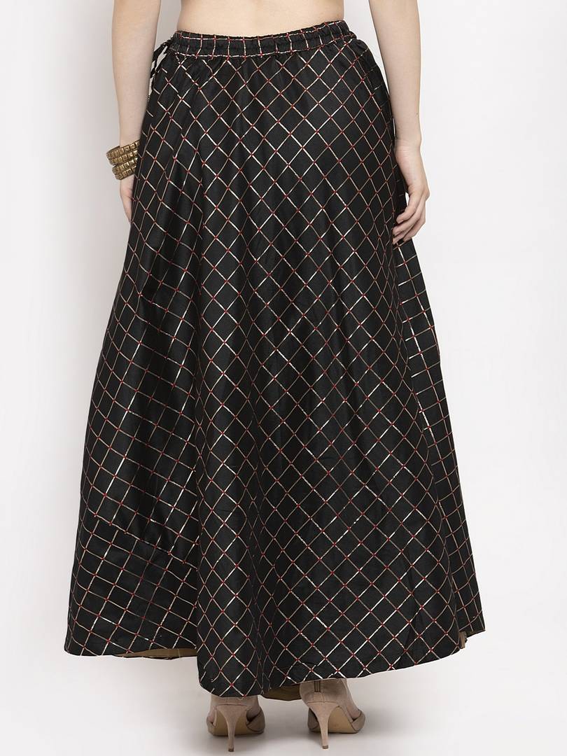 Women Black Checked Flared Maxi Skirt