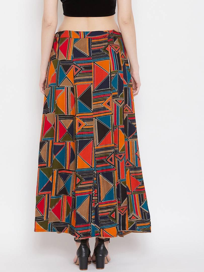 Women Blue & Orange Printed Flared Maxi Skirt