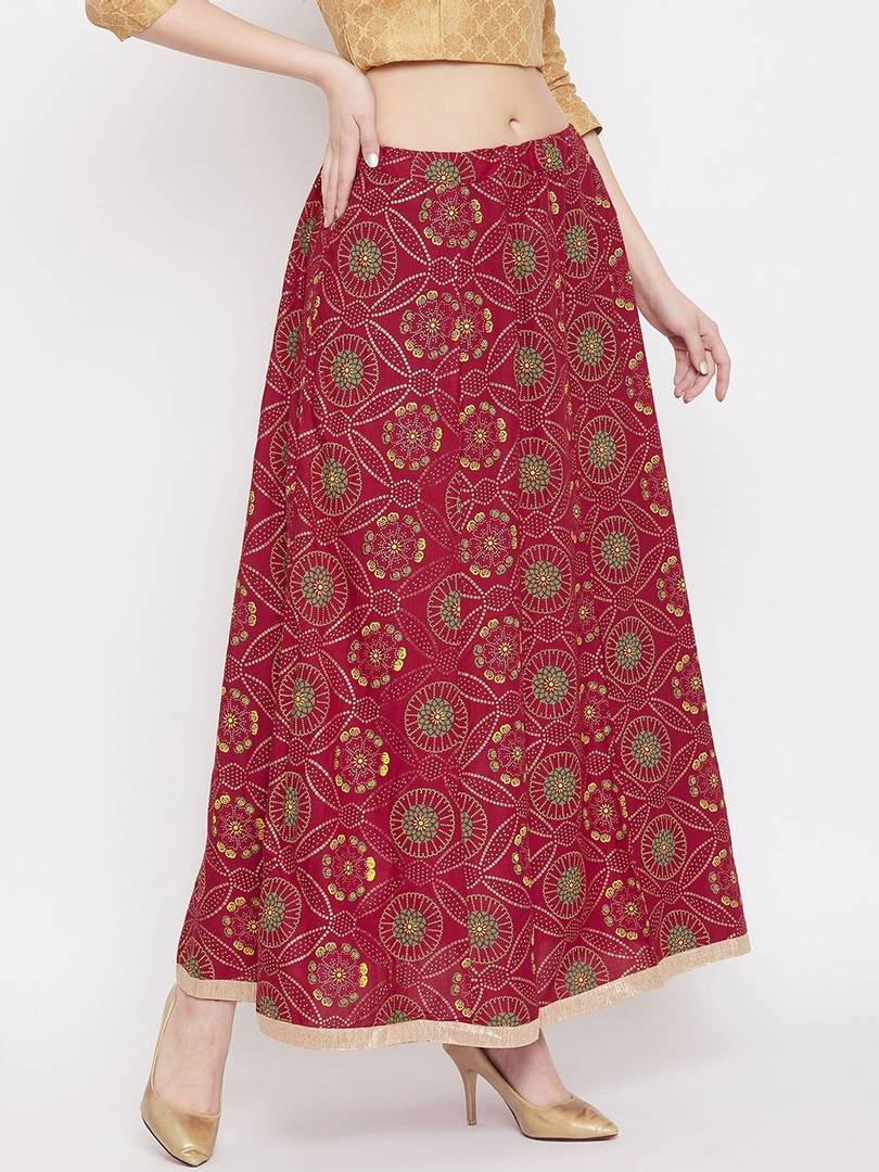 Women Maroon & Green Ethnic Printed Flared Maxi Skirt