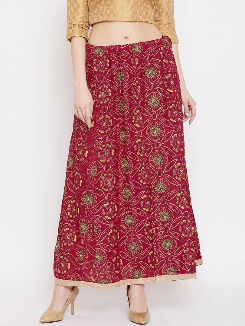 Women Maroon & Green Ethnic Printed Flared Maxi Skirt