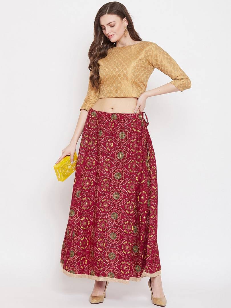 Women Maroon & Green Ethnic Printed Flared Maxi Skirt