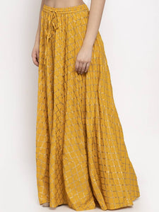 Women Mustard Yellow Checked Flared Maxi Skirt