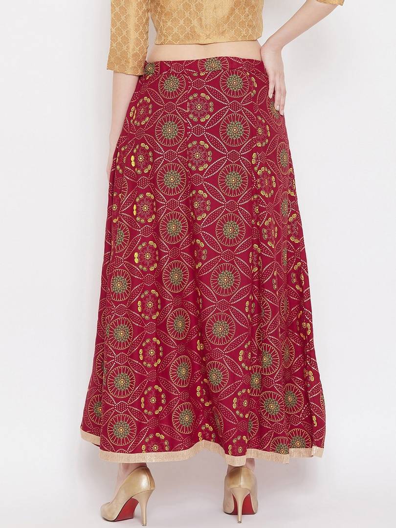 Women Maroon & Green Ethnic Printed Flared Maxi Skirt