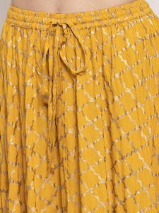Women Mustard Yellow Checked Flared Maxi Skirt