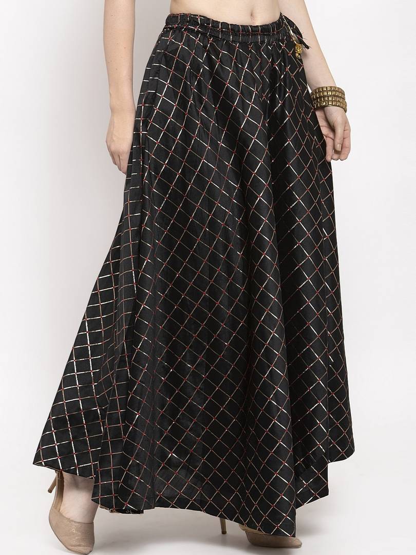 Women Black Checked Flared Maxi Skirt