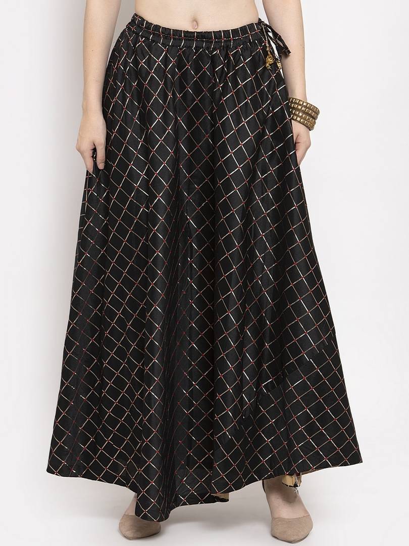 Women Black Checked Flared Maxi Skirt