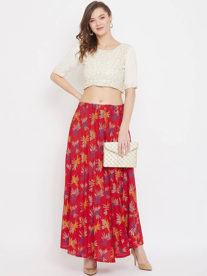 Women Red & Blue Printed Flared Maxi Skirt