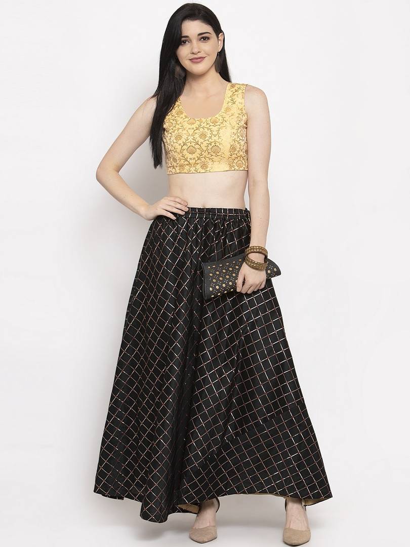 Women Black Checked Flared Maxi Skirt