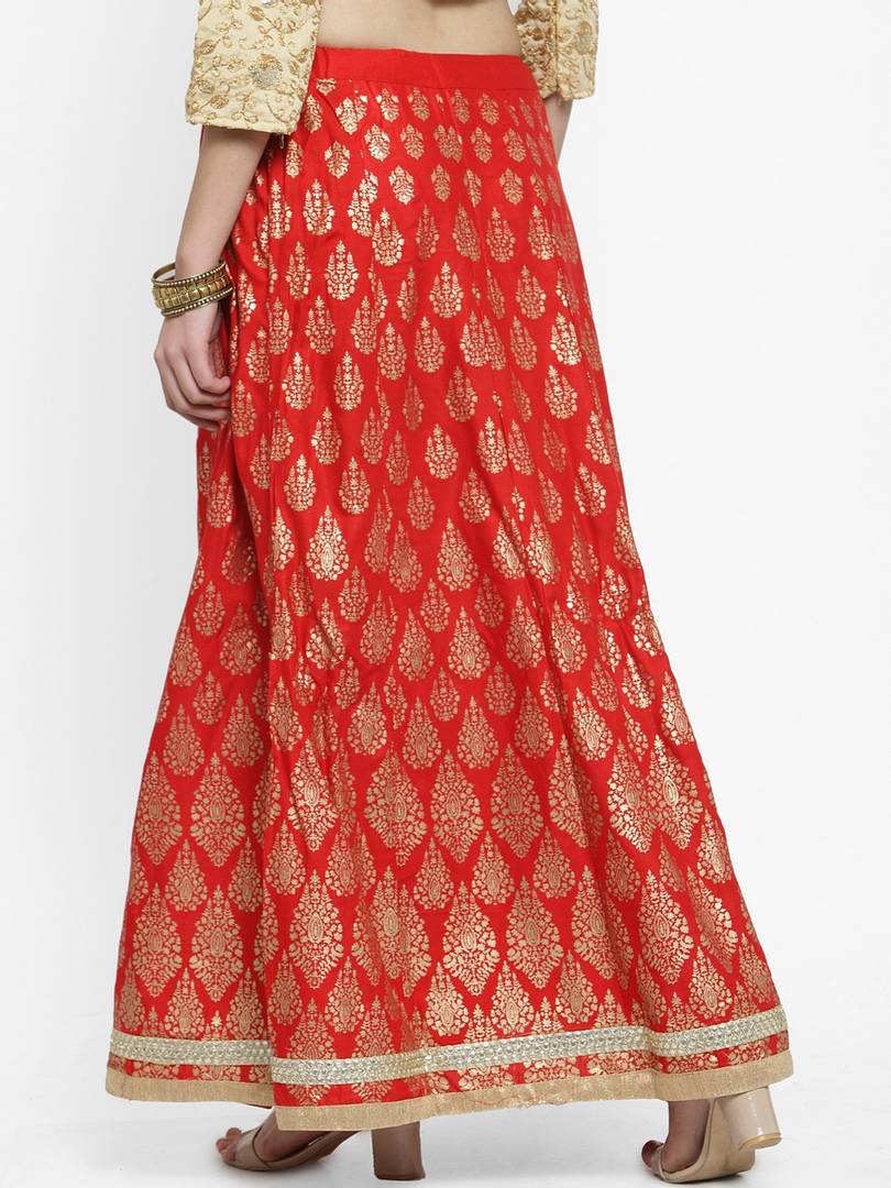 Women Red & Gold-Toned Printed Flared Maxi Skirt