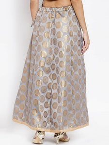 Women Grey & Gold-Coloured Printed Flared Maxi Banarsi Silk Skirt