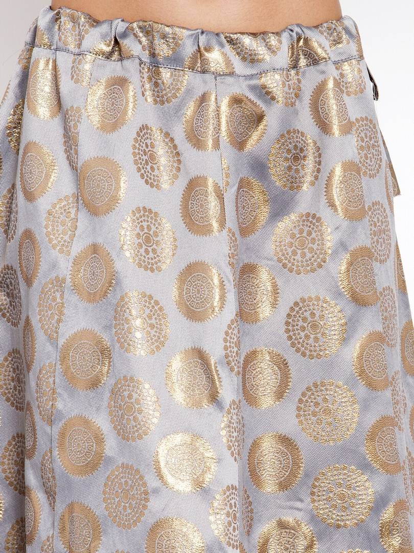 Women Grey & Gold-Coloured Printed Flared Maxi Banarsi Silk Skirt