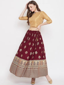 Women Maroon & Gold-Coloured Printed Flared Maxi Skirt