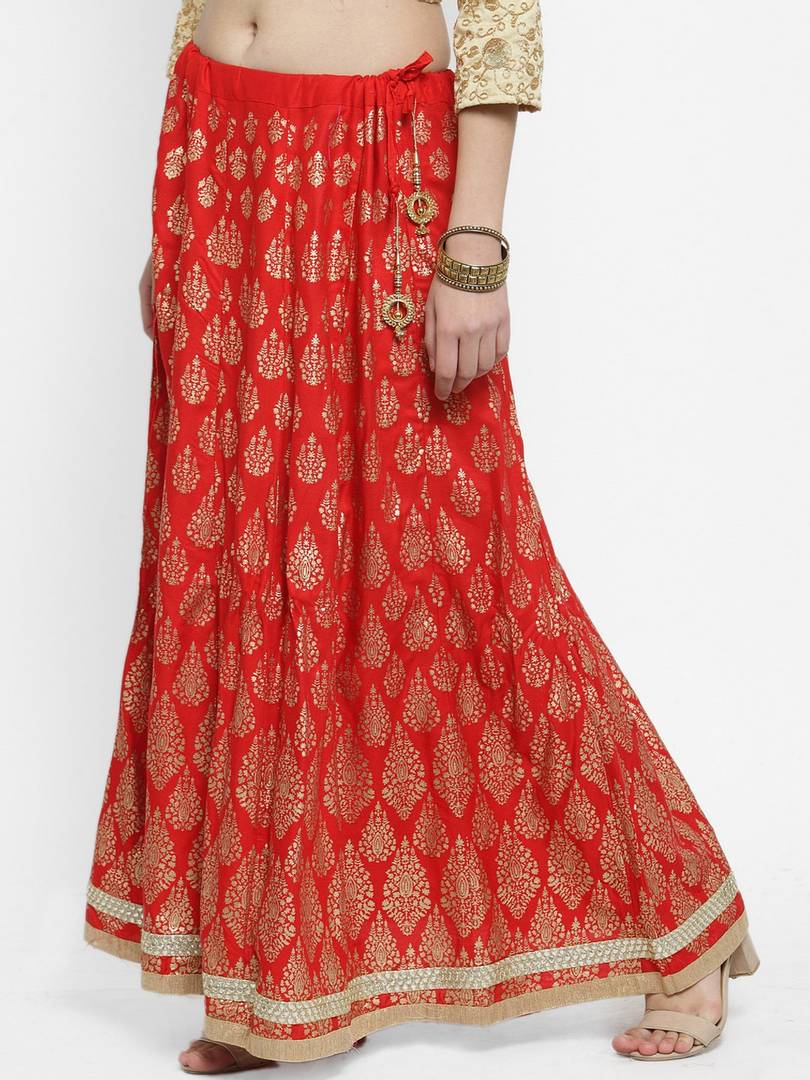 Women Red & Gold-Toned Printed Flared Maxi Skirt