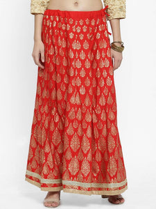 Women Red & Gold-Toned Printed Flared Maxi Skirt
