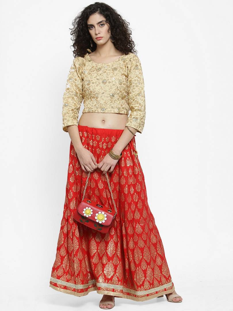 Women Red & Gold-Toned Printed Flared Maxi Skirt