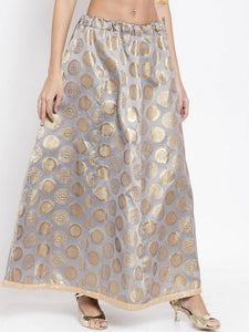 Women Grey & Gold-Coloured Printed Flared Maxi Banarsi Silk Skirt
