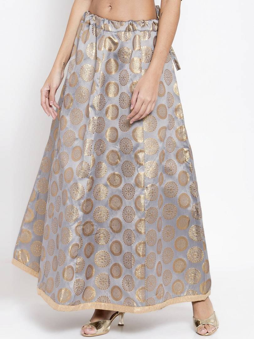 Women Grey & Gold-Coloured Printed Flared Maxi Banarsi Silk Skirt