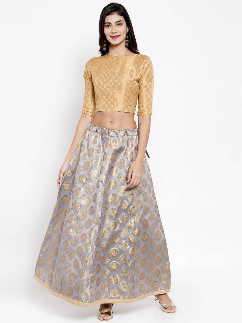 Women Grey & Gold-Coloured Printed Flared Maxi Banarsi Silk Skirt