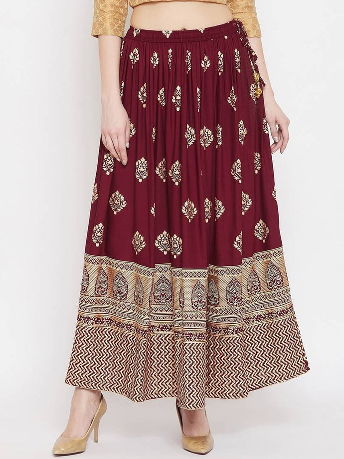 Women Maroon & Gold-Coloured Printed Flared Maxi Skirt