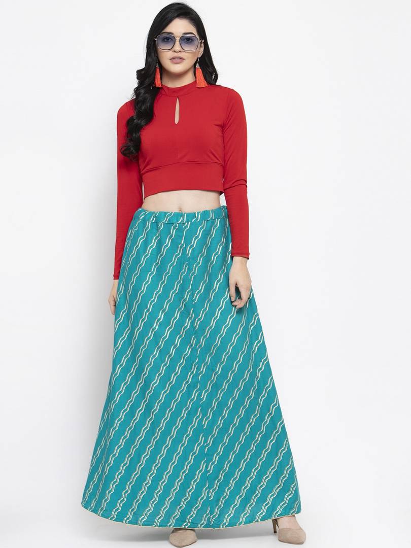 Women Blue & Gold-Coloured Striped Flared Maxi Skirt