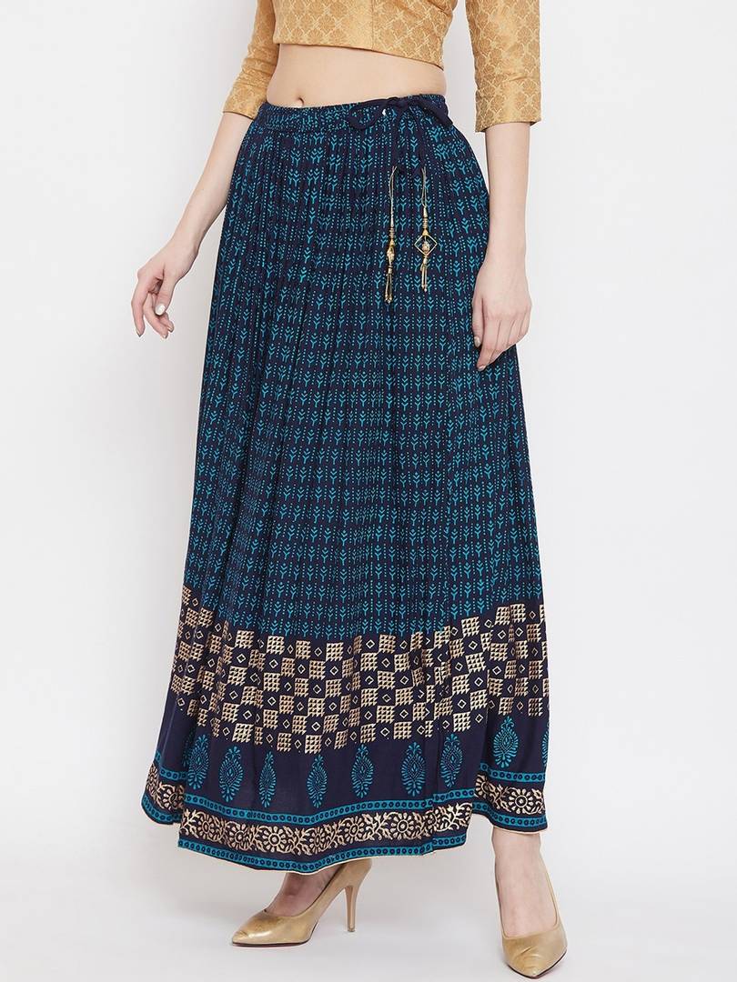 Women Blue & Gold-Colour Printed Flared Maxi Skirt