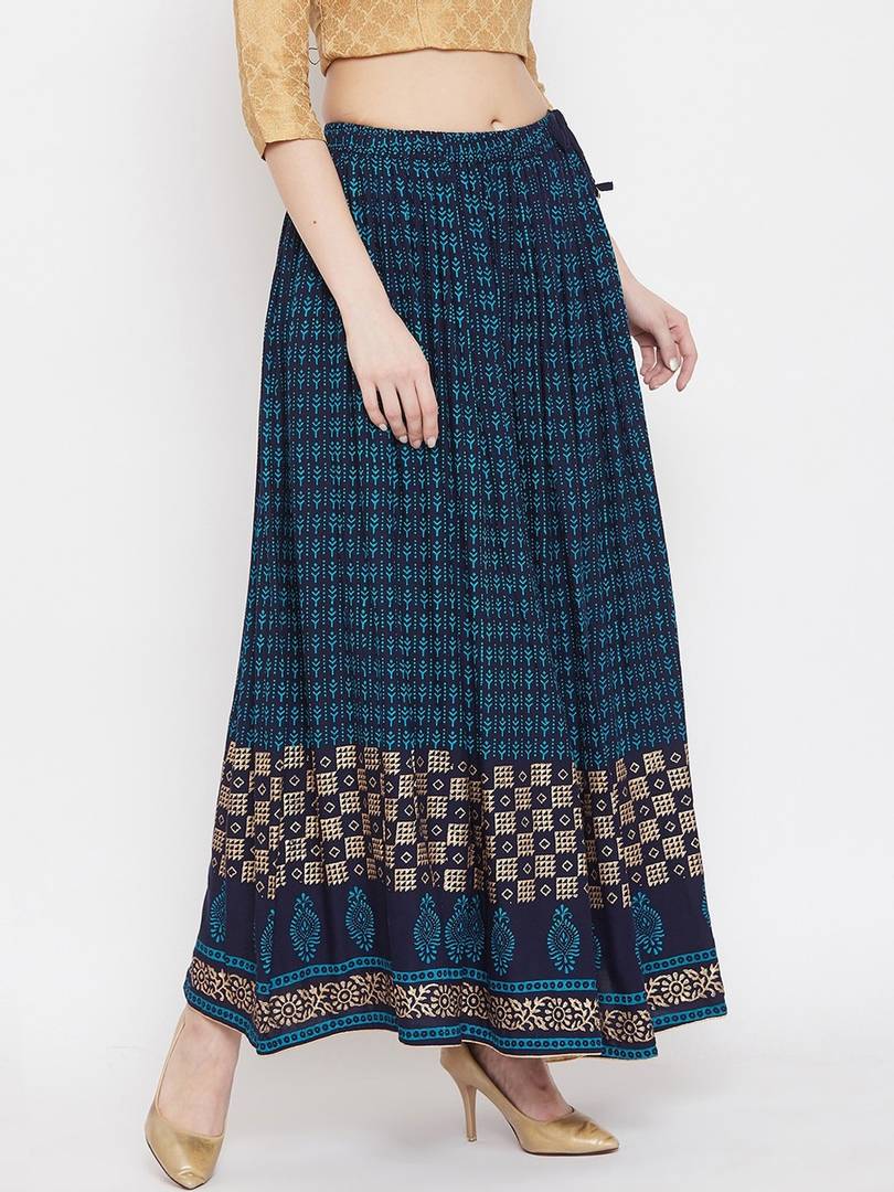 Women Blue & Gold-Colour Printed Flared Maxi Skirt