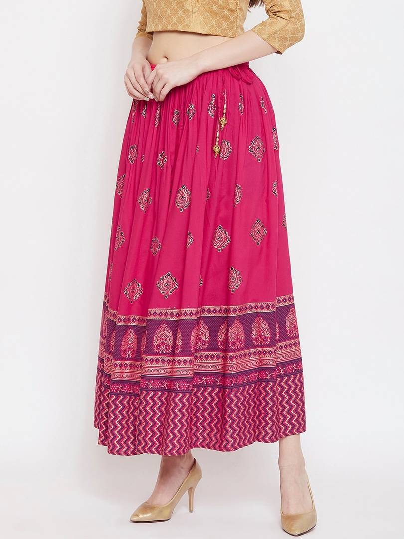 Women Magenta Pink & Purple Printed Flared Maxi Skirt