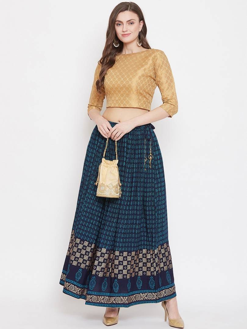 Women Blue & Gold-Colour Printed Flared Maxi Skirt