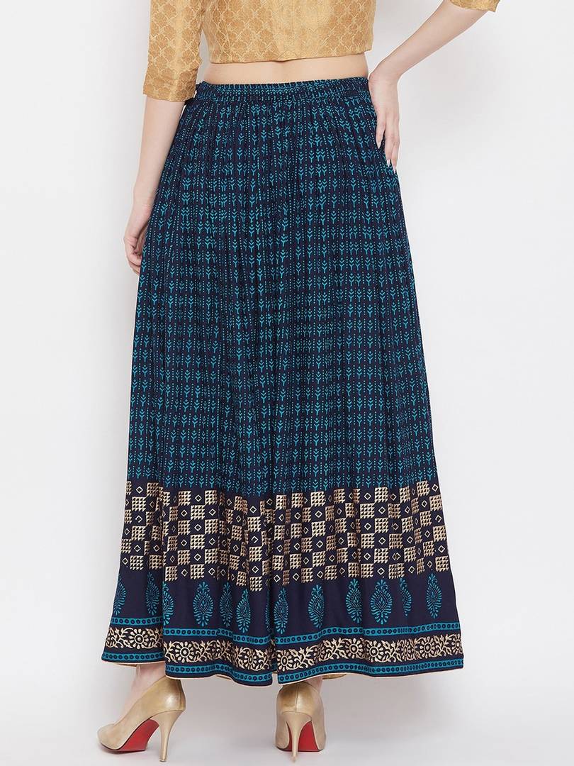 Women Blue & Gold-Colour Printed Flared Maxi Skirt