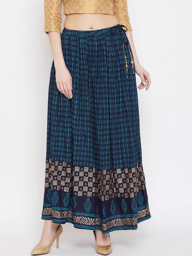 Women Blue & Gold-Colour Printed Flared Maxi Skirt