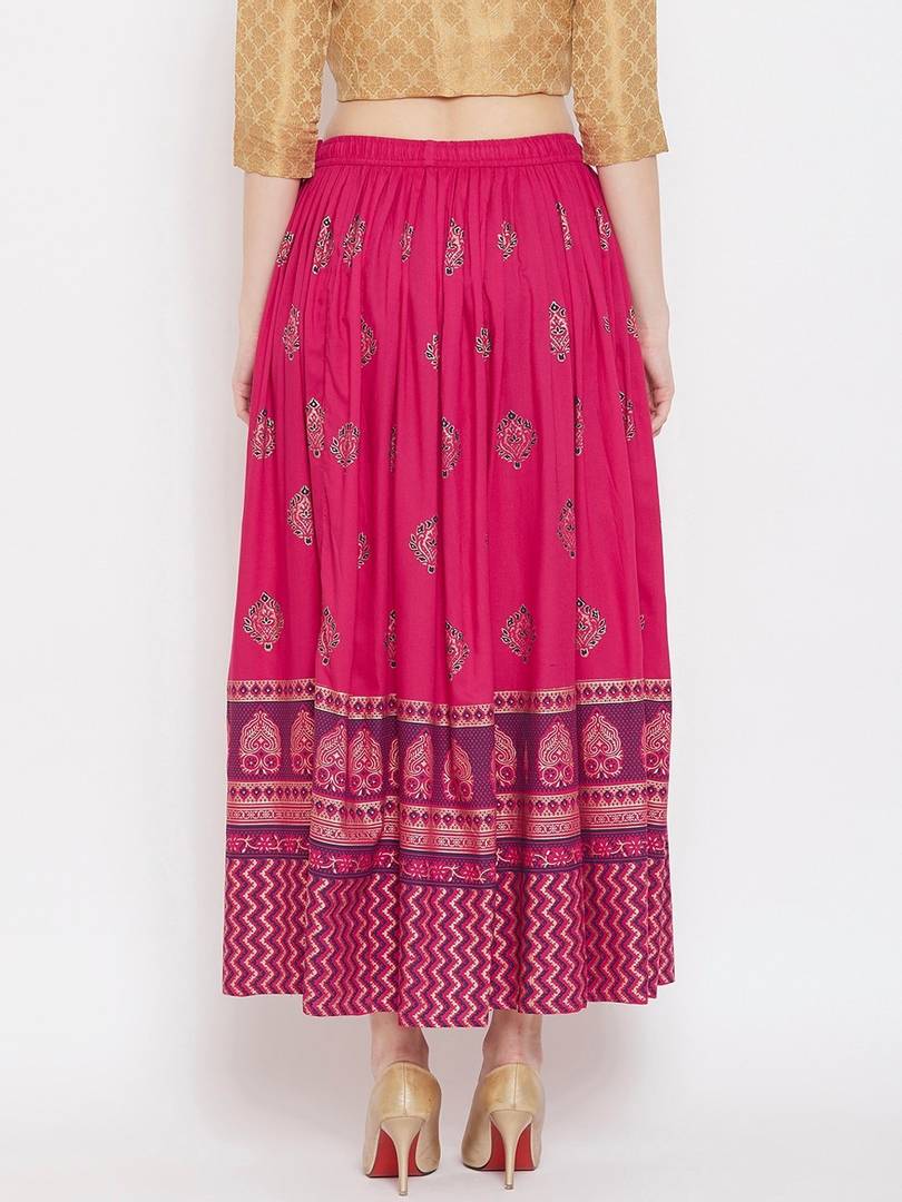 Women Magenta Pink & Purple Printed Flared Maxi Skirt