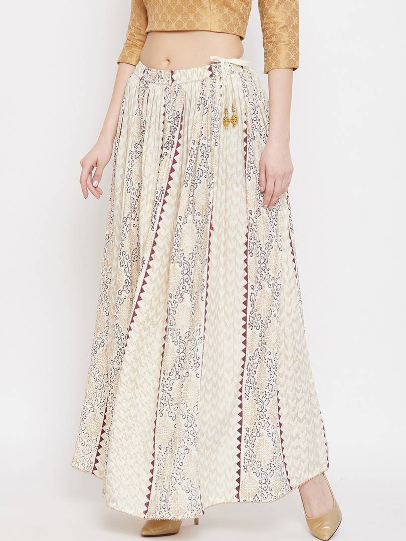 Women Cream-Coloured & Brown Printed Flared Maxi Skirt