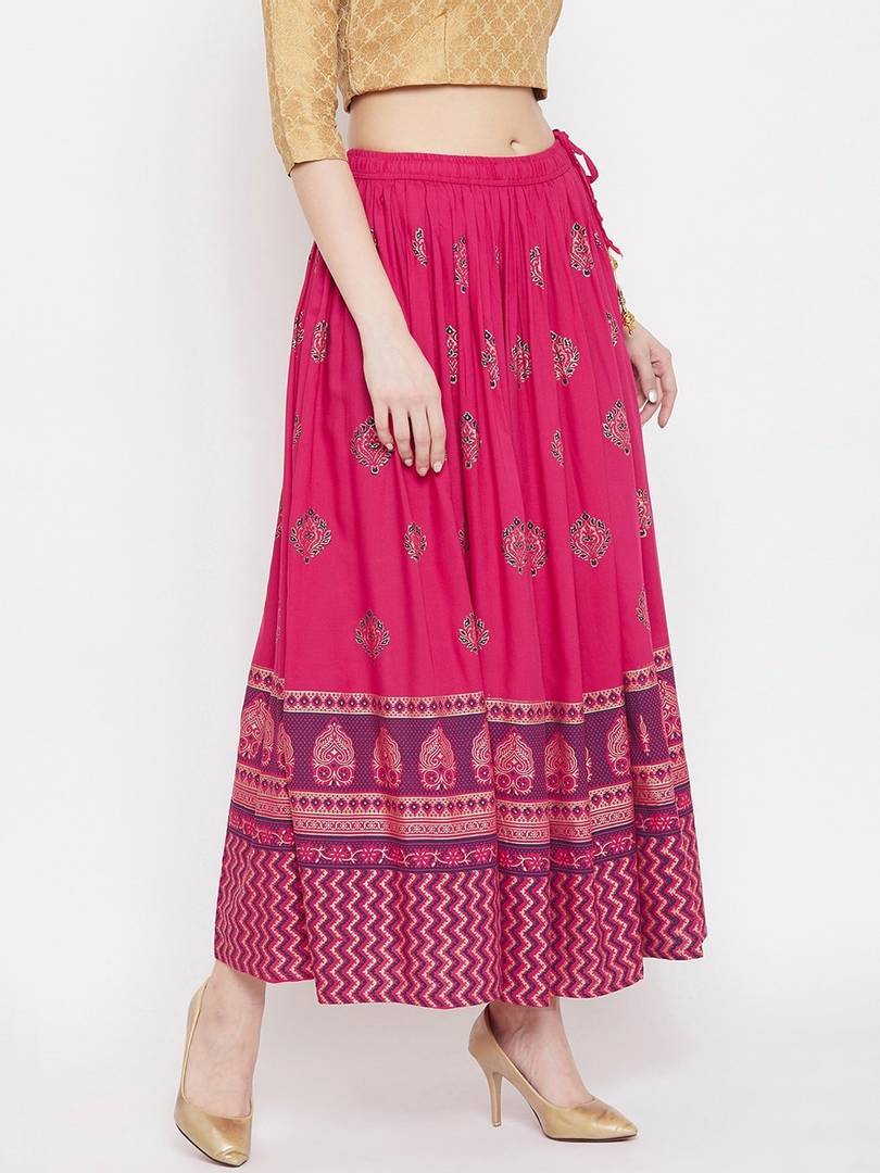 Women Magenta Pink & Purple Printed Flared Maxi Skirt