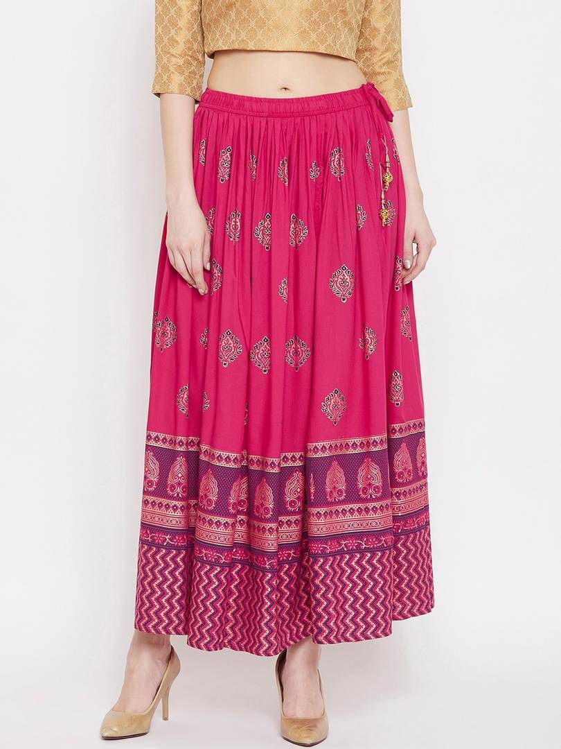 Women Magenta Pink & Purple Printed Flared Maxi Skirt