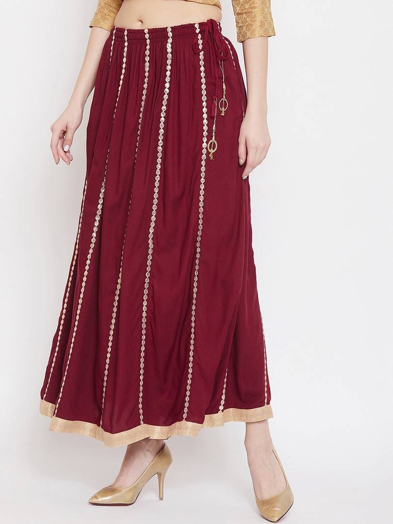 Women Maroon & Gold-Coloured Embellished Flared Maxi Skirt