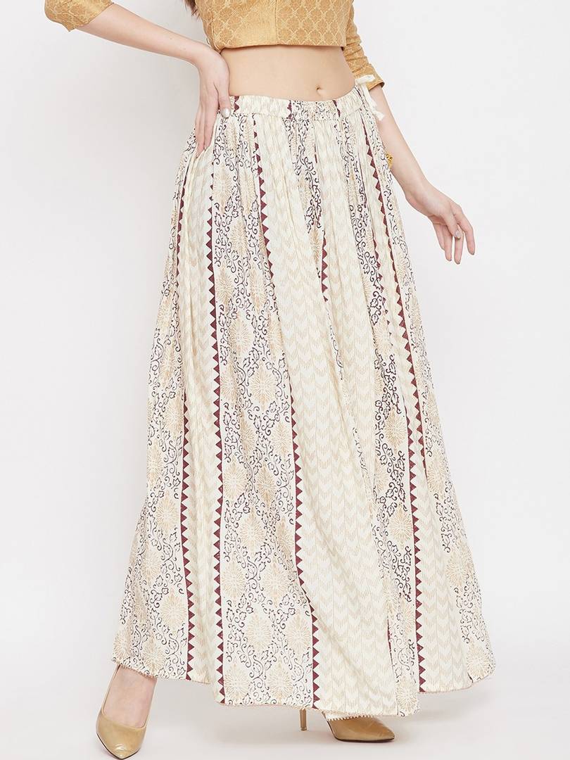 Women Cream-Coloured & Brown Printed Flared Maxi Skirt