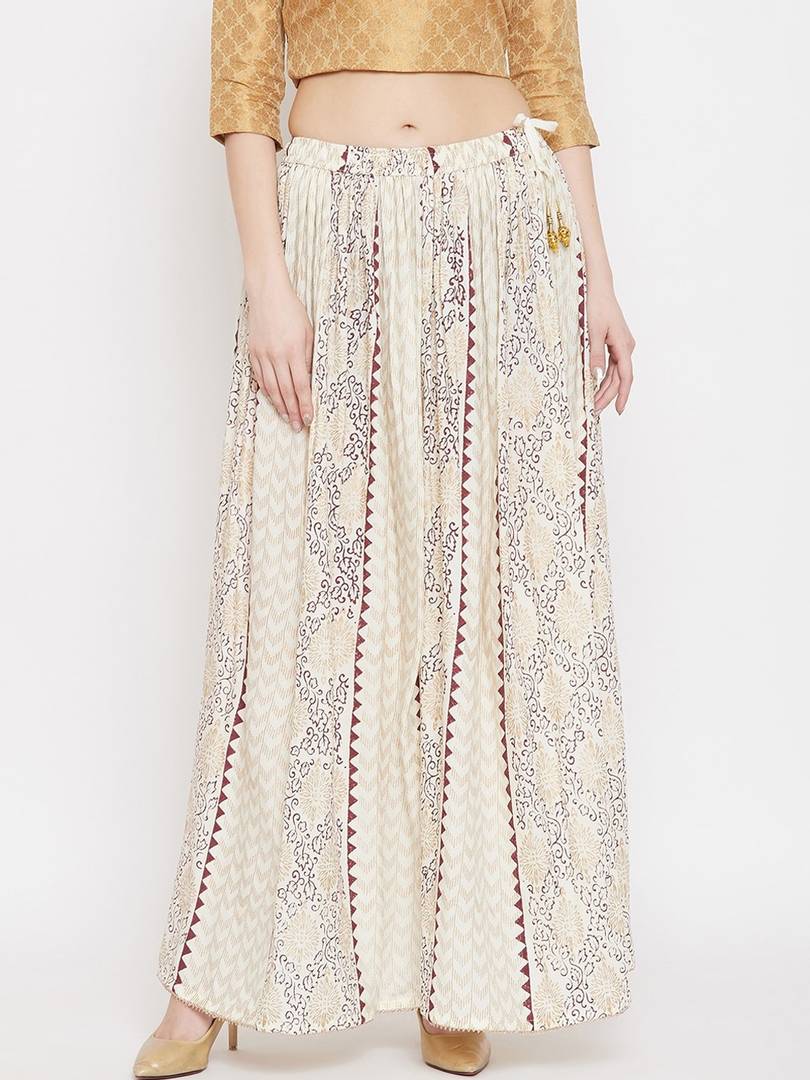 Women Cream-Coloured & Brown Printed Flared Maxi Skirt