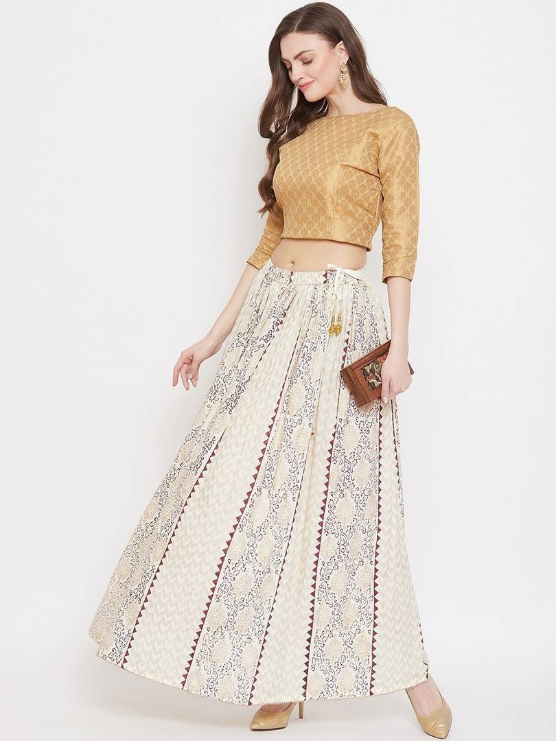 Women Cream-Coloured & Brown Printed Flared Maxi Skirt