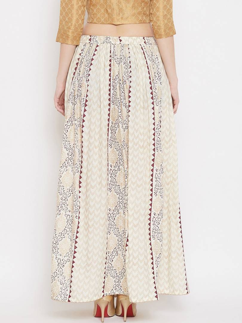 Women Cream-Coloured & Brown Printed Flared Maxi Skirt