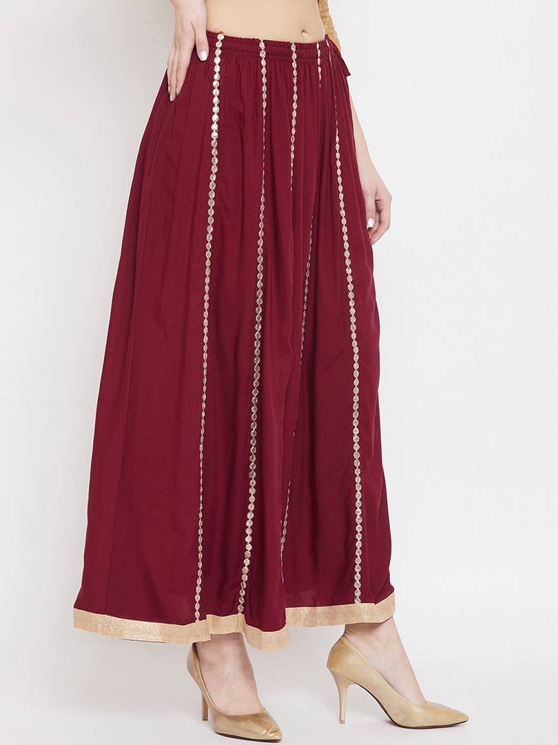 Women Maroon & Gold-Coloured Embellished Flared Maxi Skirt