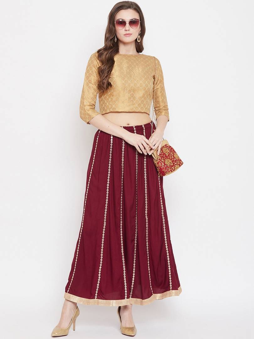 Women Maroon & Gold-Coloured Embellished Flared Maxi Skirt