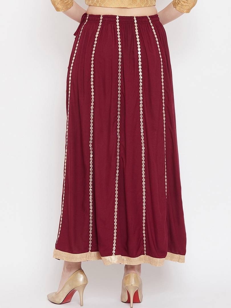 Women Maroon & Gold-Coloured Embellished Flared Maxi Skirt