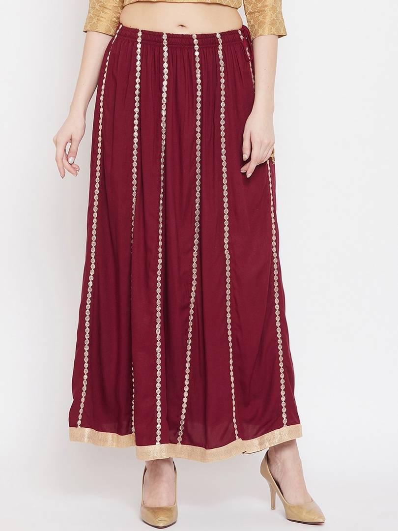 Women Maroon & Gold-Coloured Embellished Flared Maxi Skirt