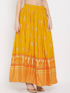 Women Mustard Yellow & Orange Printed Flared Maxi Skirt