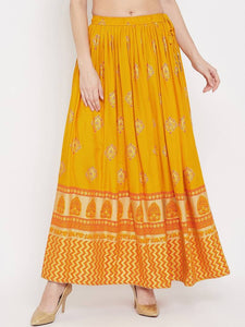 Women Mustard Yellow & Orange Printed Flared Maxi Skirt