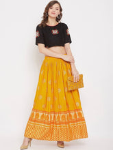 Load image into Gallery viewer, Women Mustard Yellow &amp; Orange Printed Flared Maxi Skirt