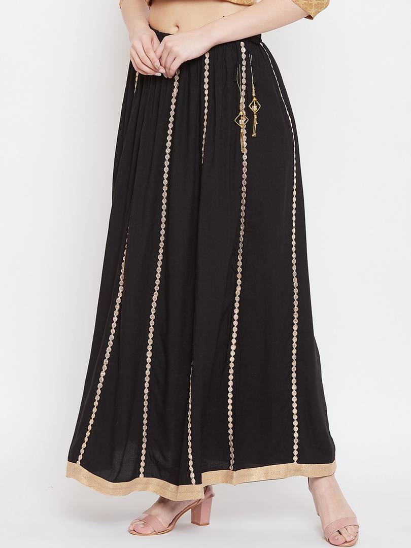 Women Black & Gold-Coloured Embellished Flared Maxi Skirt